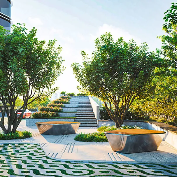 The Twins by DSR, Puppalaguda, artistic impression A garden plaza with trees, seating and wide steps at The Twins by DSR