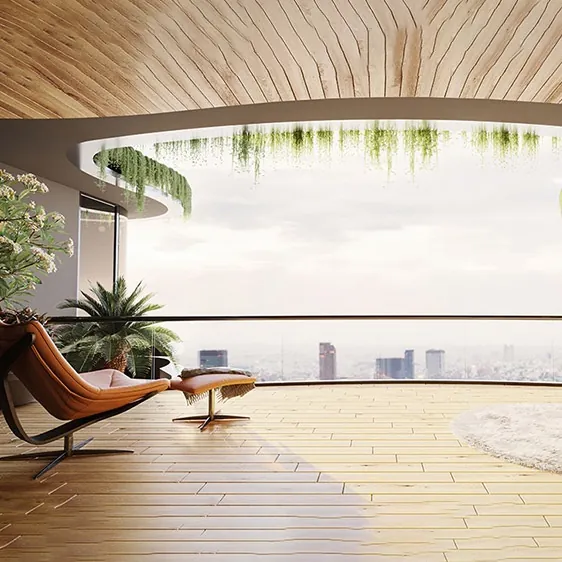 The Twins by DSR, Puppalaguda, artistic impression A sky lounge with a curved wooden ceiling overlooking the city at The Twins by DSR