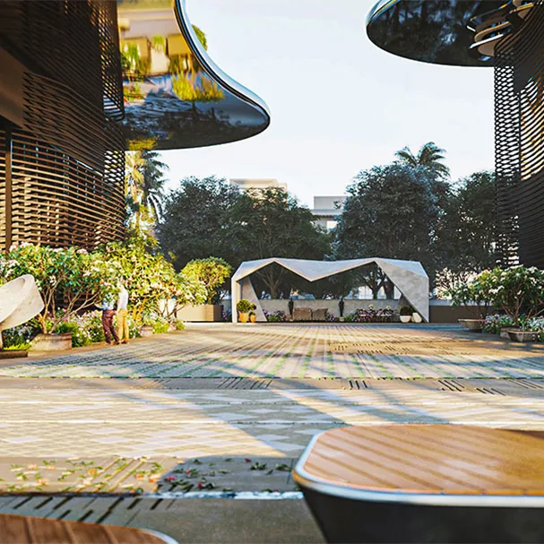 The Twins by DSR, Puppalaguda, artistic impression A landscaped walk leading to a canopy pavilion at The Twins by DSR