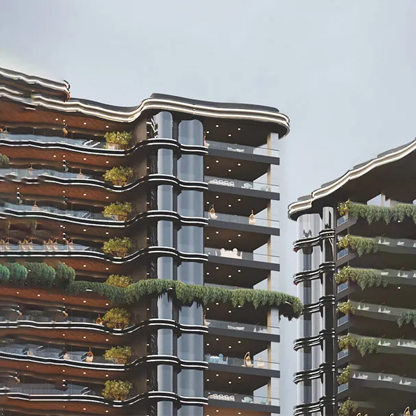 The Twins by DSR, Puppalaguda, artistic impression Curving balconies planted with greenery at The Twins by DSR